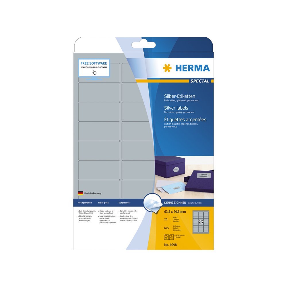 Nalepnice /etikete/ Herma 63X29.7mm A4/27 1/25 srebrna